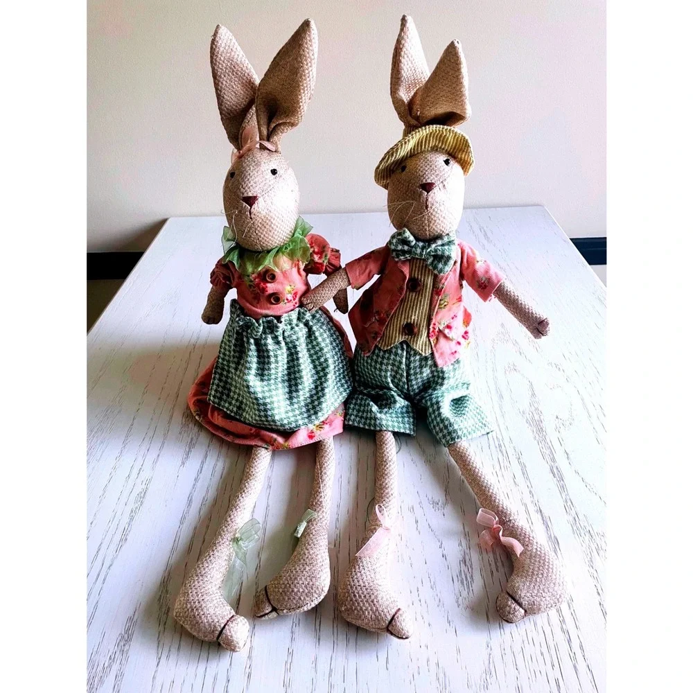 Easter Spring Bunny Couple Stuffed Figurines Green Pink Floral Fabric Decor 2pc